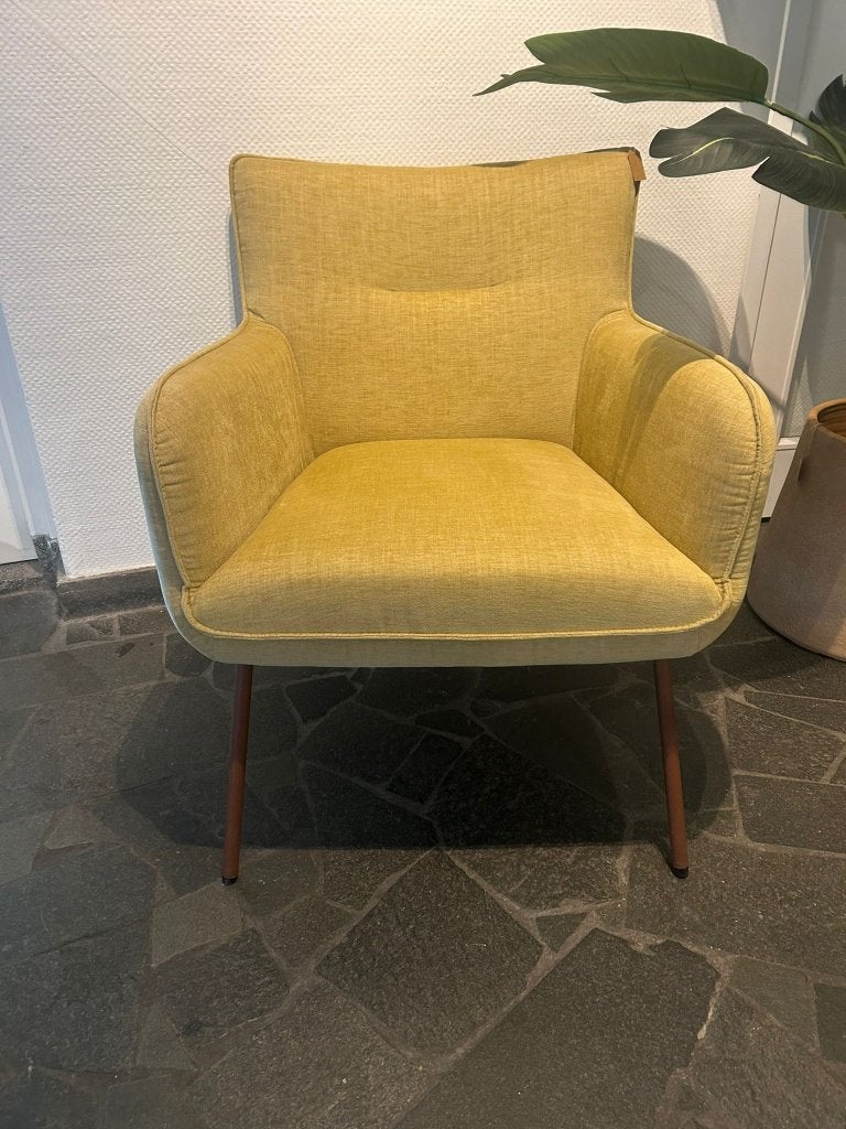 H.E. Design - Fauteuil Zahir - Geel/bruin - Gloednieuw!, Huis en Inrichting, Fauteuils, Ophalen, Minder dan 75 cm, Nieuw, Stof