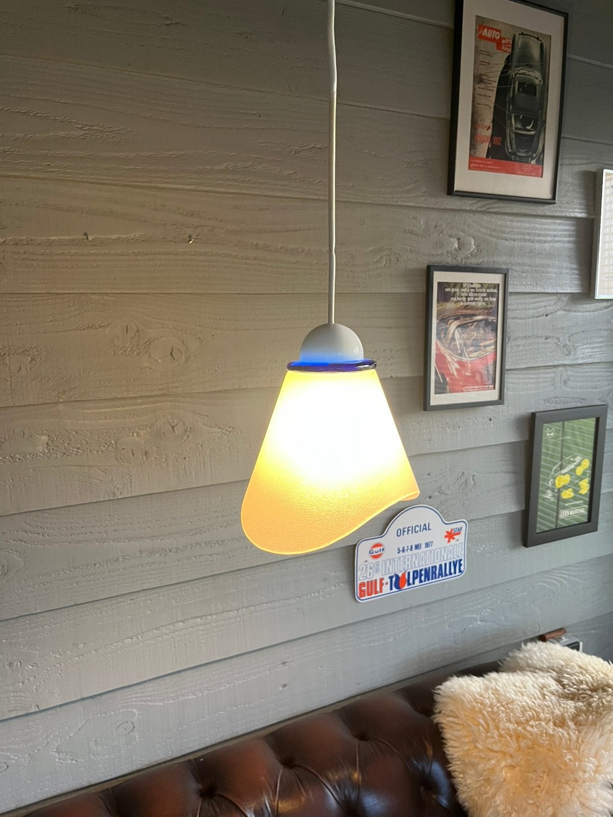 Vintage franse persglazen space age hanglamp, Huis en Inrichting, Gebruikt, Glas, Vintage space age, E27 (groot)