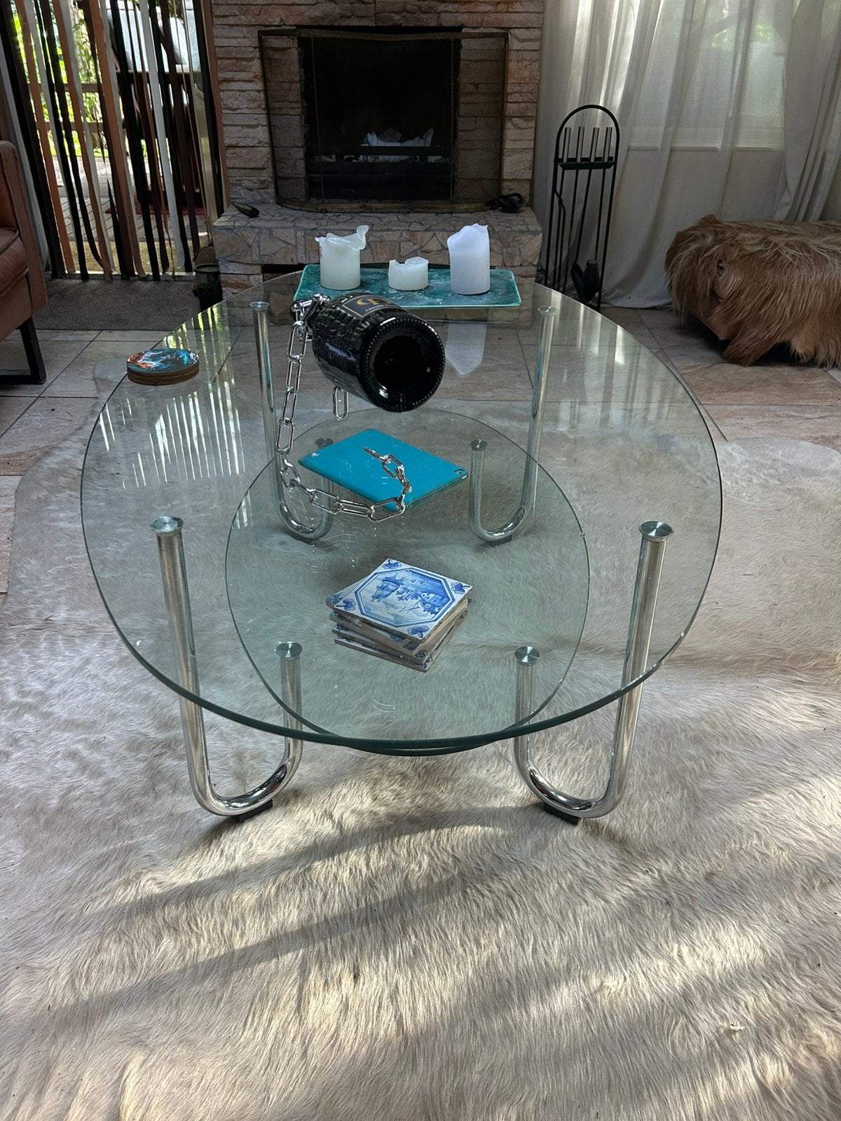 Gispen stijl salon tafel glas (2 lagen)en chroom, Ophalen, Gebruikt, 100 tot 150 cm, 50 tot 100 cm