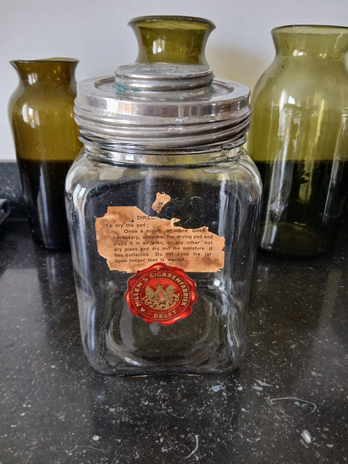 antieke glazen sigaren pot met originele droogsteen deksel, Ophalen of Verzenden, Gebruikt, Tabaksdoos of Verpakking
