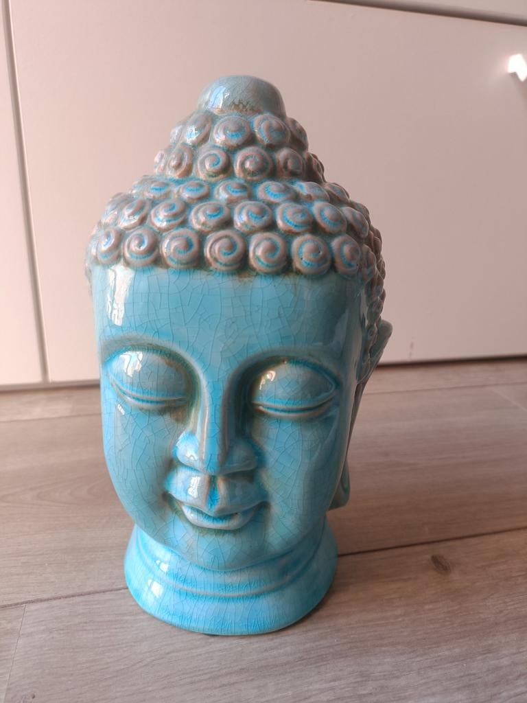 Boeddha hoofd beeld - Turquoise keramiek, Ophalen of Verzenden, Zo goed als nieuw