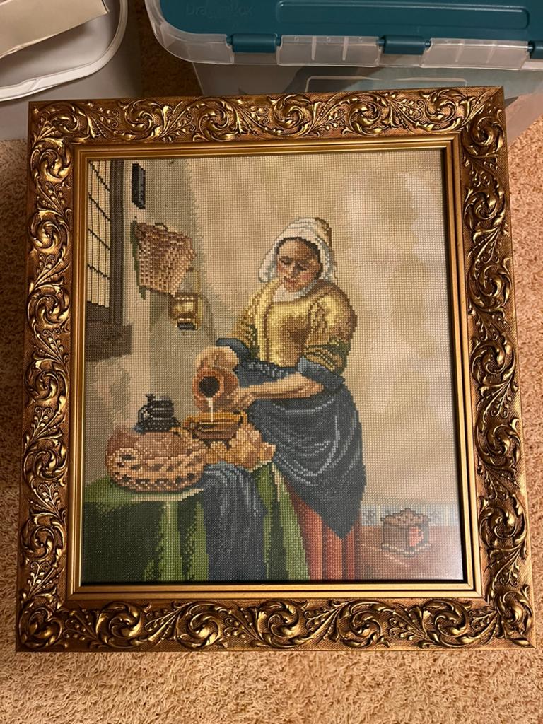 Antiek/vintage geborduurd MELKMEISJE met lijst 36x40, Ophalen