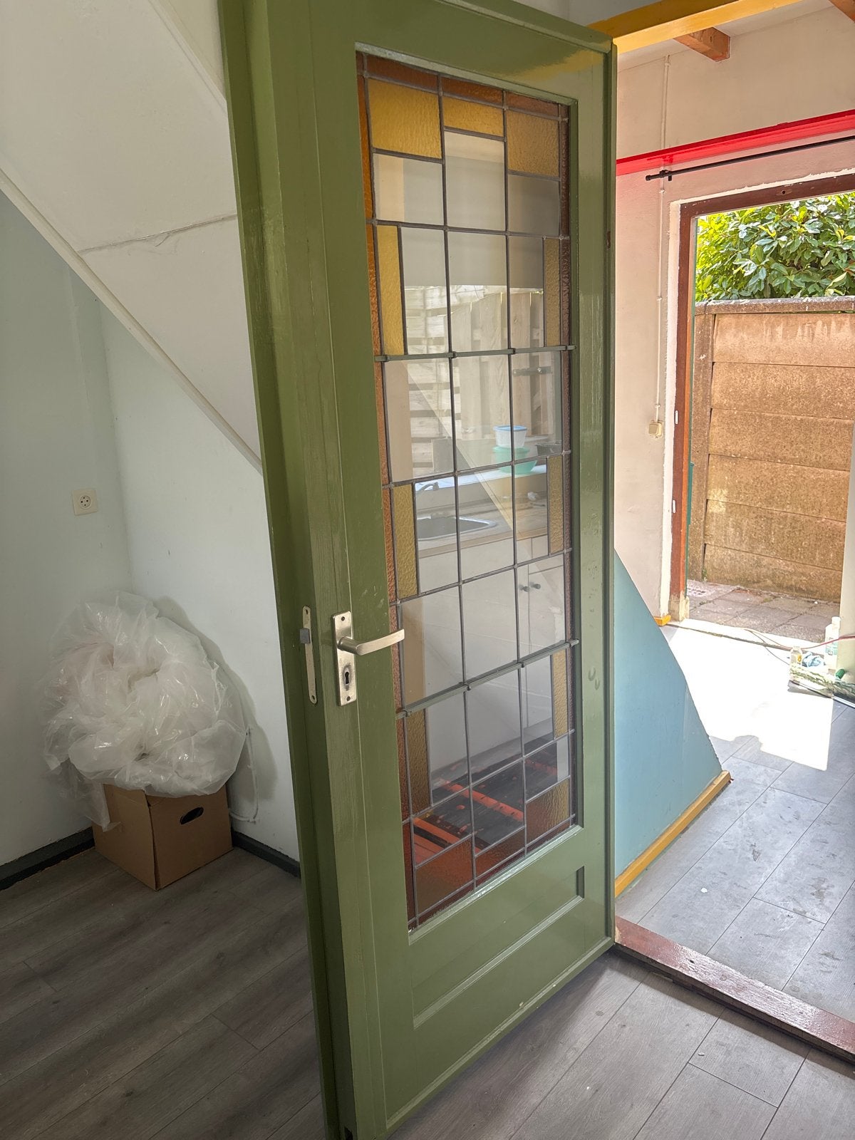 Deur met glas-in-lood, linksdraaiend (214x90 cm), Gebruikt, 80 tot 100 cm, Binnendeur, Ophalen of Verzenden