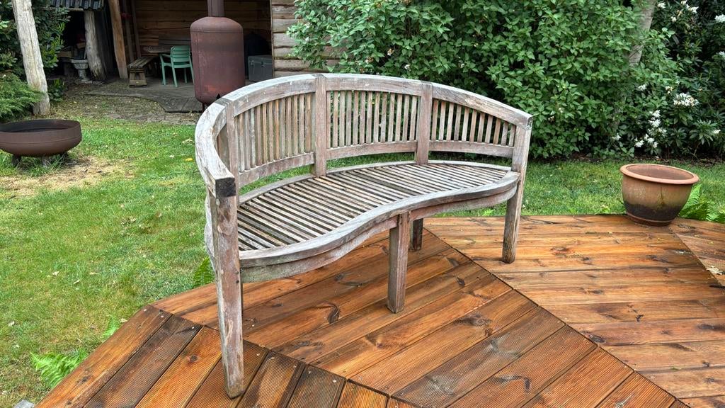Gebogen Tuinbank Hardhout - Bananenbank, halfrond, Tuin en Terras, Tuinbanken, Ophalen, Gebruikt, Hout