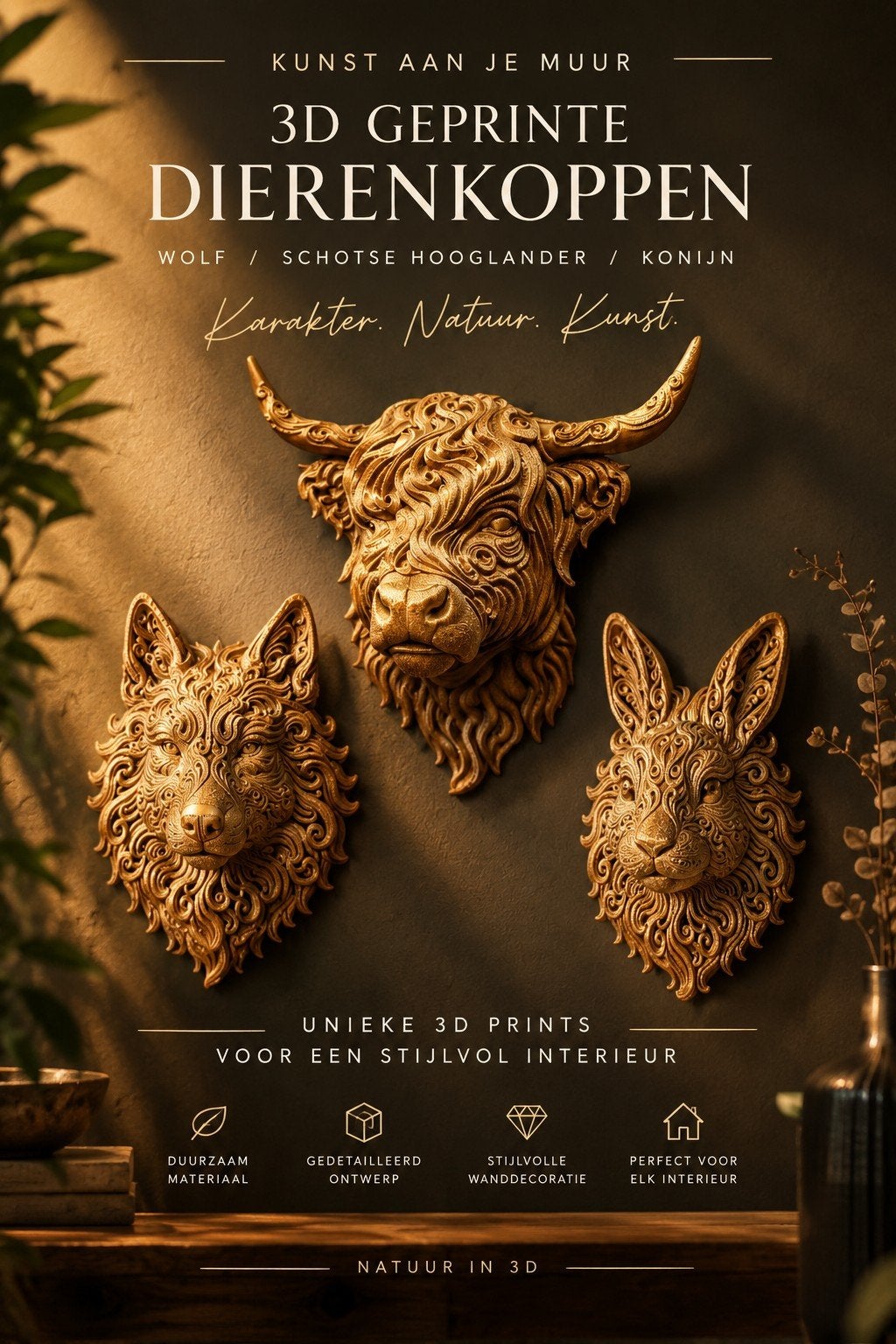 Wolf, Schotse Hooglander, Konijn wall art, Nieuw, Kunststof, Ophalen of Verzenden, Goud