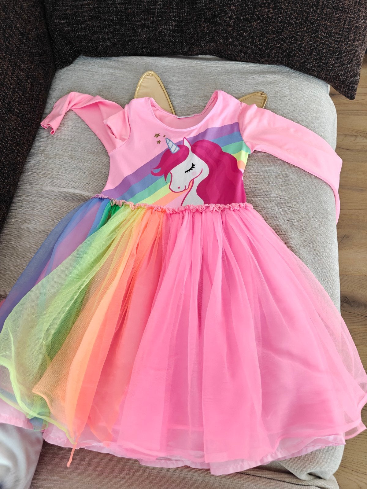 Eenhoorn jurk met regenboog en tule rok, 5-6 yaar, Ophalen of Verzenden