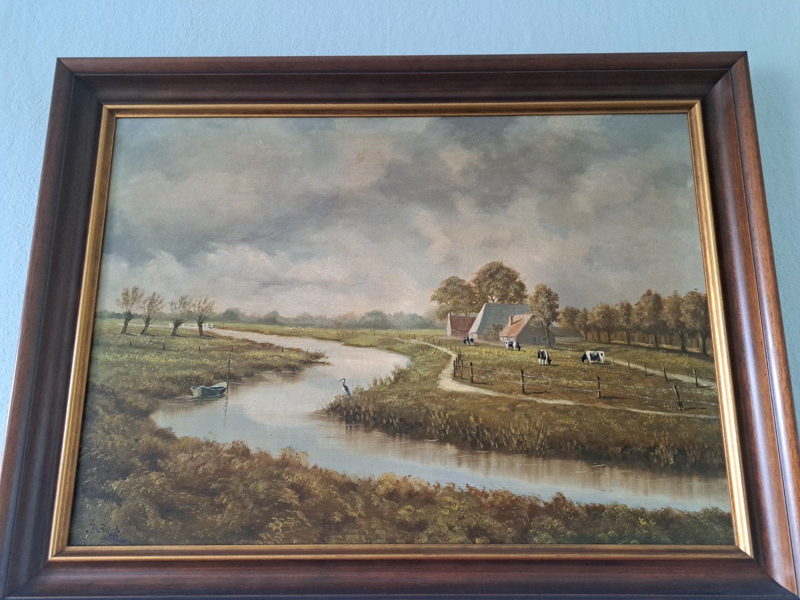 Schilderij J. van Rietveld - Hollands Landschap met Rivier, Antiek en Kunst, Ophalen, Doek, Realistisch, Gesigneerd