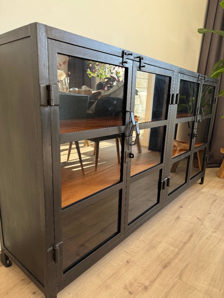 Industrieel dressoir zwart metaal & mango hout 180 cm, Ophalen, 150 tot 200 cm, Zo goed als nieuw, Industrieel