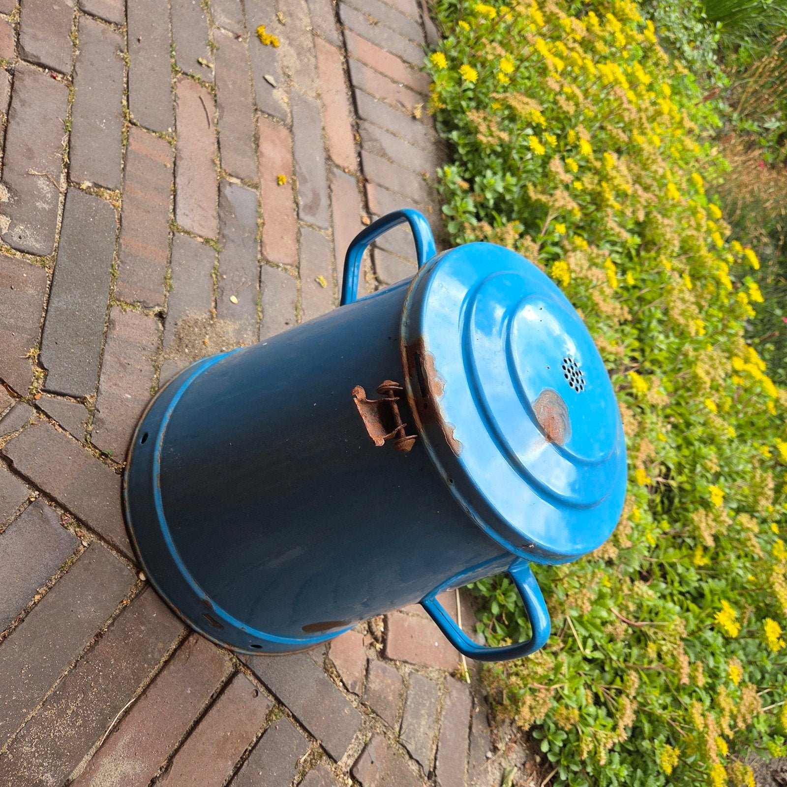 Blauwe vintage emaille bloempot, Ophalen of Verzenden, Gebruikt