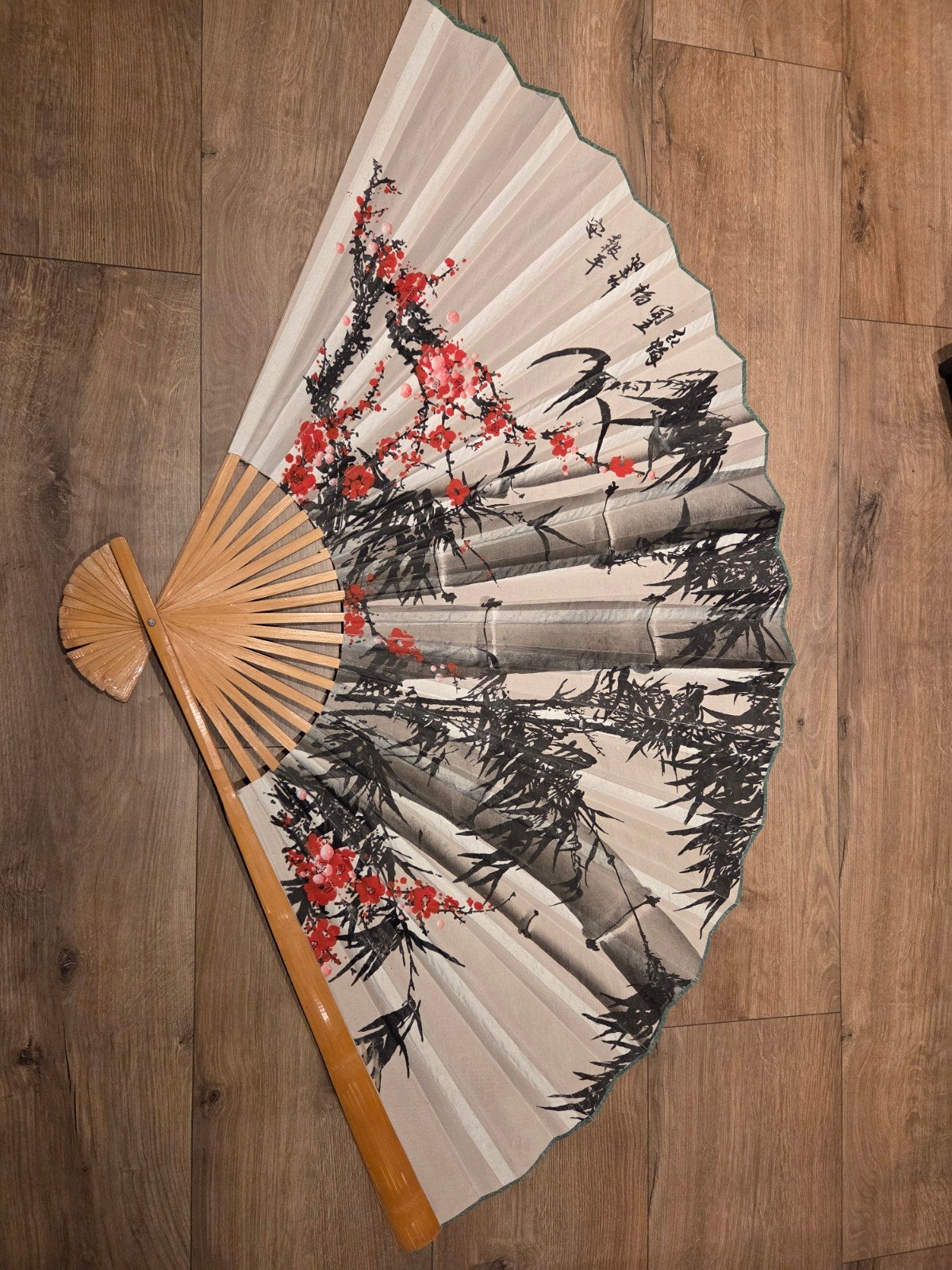 Grote Chinese decoratieve waaier 150cm met bamboe en bloesem, Ophalen