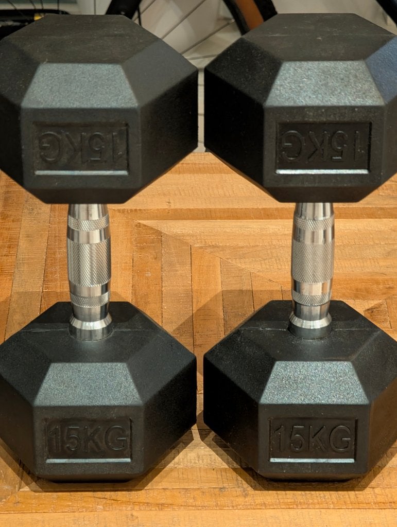 Hex Dumbbells 15 kg (set van 2) - 30 kg totaal, Ophalen, Zo goed als nieuw, Rug, Dumbbell