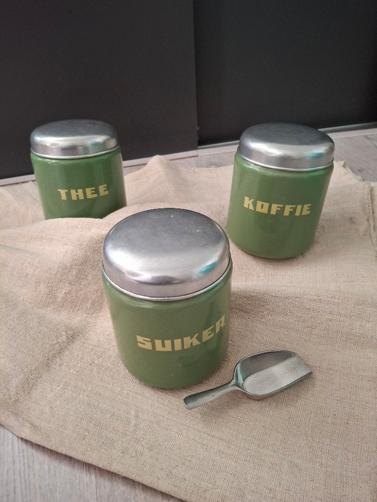 Mooie oude set voorraadblikken met 1 schepje, Ophalen of Verzenden