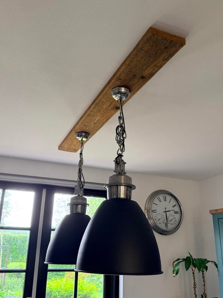 Industriële hanglampen met houten plank, Ophalen, Zo goed als nieuw, Hout, 75 cm of meer