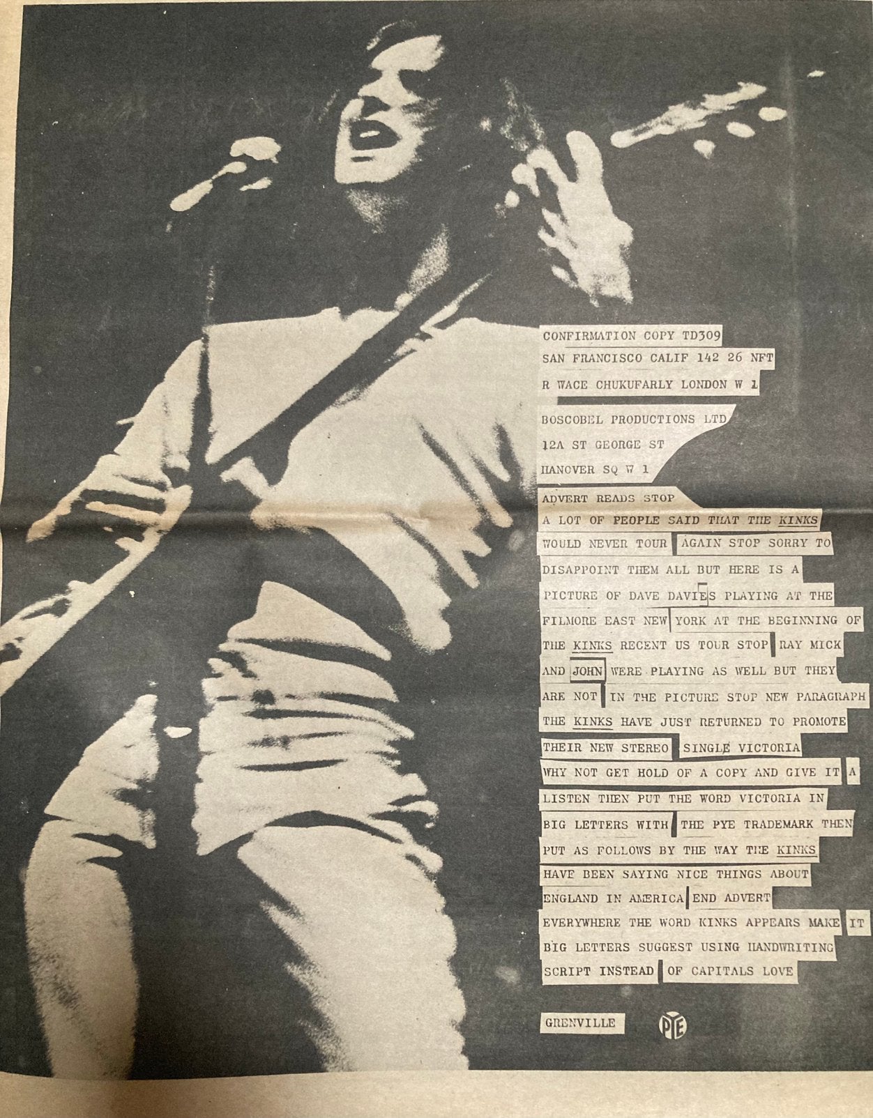 Paginagrote A3 advertentie DAVE DAVIES Fillmore 1969 KINKS, Ophalen of Verzenden, Gebruikt