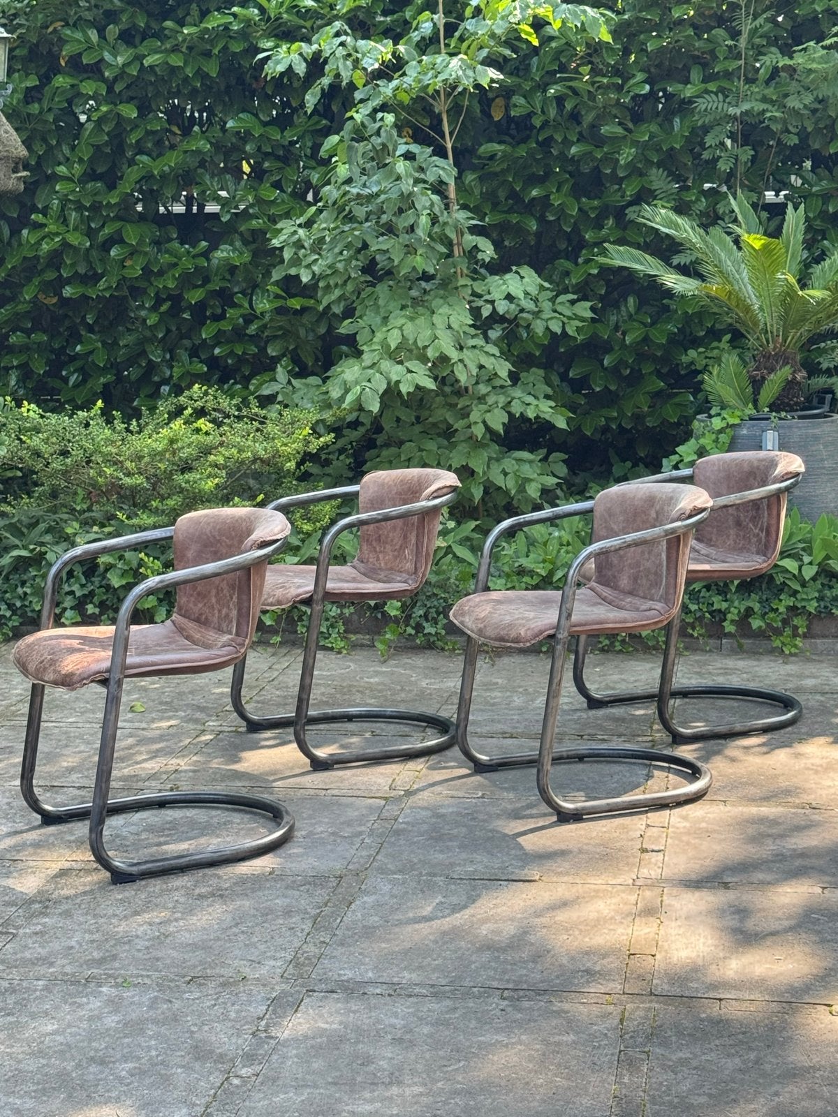 4 Industriële Eetkamerstoelen - Leer en Metaal, Huis en Inrichting, Stoelen, Ophalen, Gebruikt, Bruin, Leer