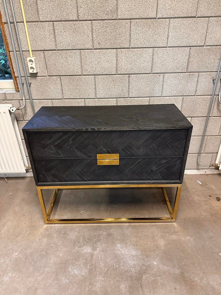 Richmond Interiors Dressoir Zwart (Blackbone) met Goud, Ophalen, 100 tot 150 cm, 1 of 2 laden, Eikenhout