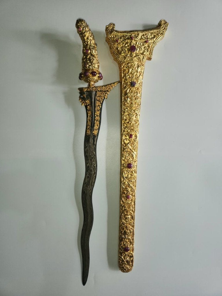 Keris Bali 7 Luk Carita Pamor Wos Wutah Zilver Goud KTC52, Wapen, Verzenden, Overige materialen, Indonesië