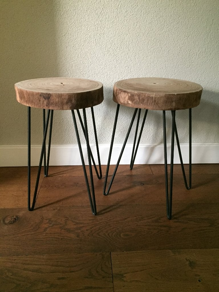 2 Boomstam krukjes bijzettafeltjes, Ophalen, Gebruikt, Hout