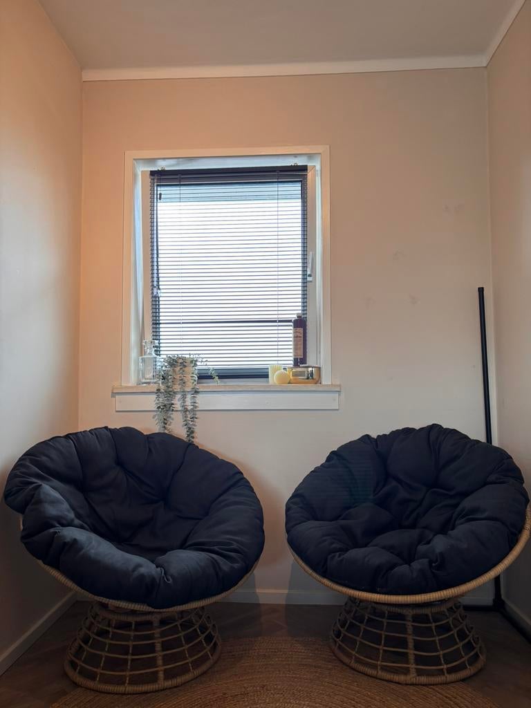Twee Draaibare Papasan stoelen - Rotan loungestoel + kussens, Huis en Inrichting, Ophalen, Twee, Zo goed als nieuw, Grijs
