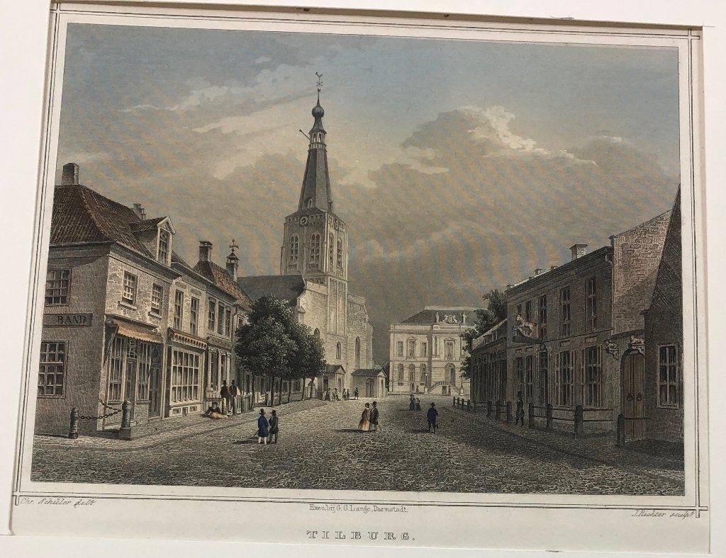 gekleurde gravure Tilburg, 1858, Antiek en Kunst, Handgekleurd, 1800 - 1899, Stadsgezicht, Ophalen of Verzenden