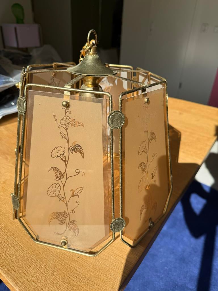 Vintage hanglamp met geëtst glas en messing frame, Ophalen, Gebruikt, Glas, Minder dan 50 cm