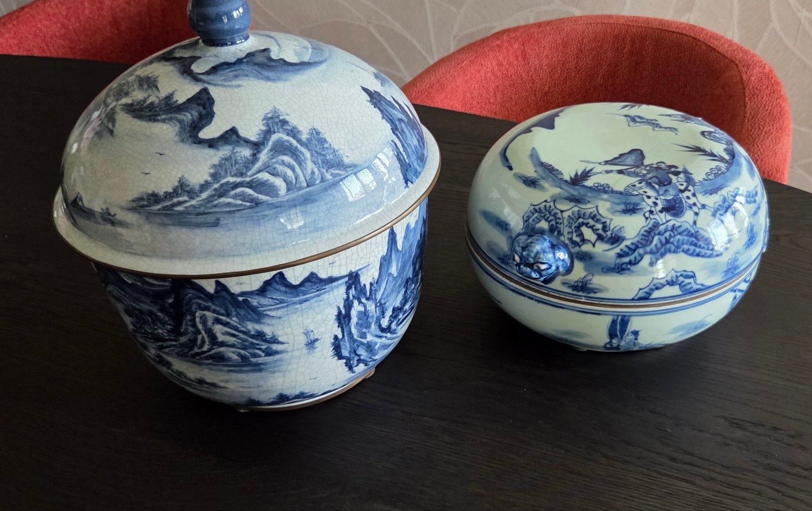 2 Antieke Chinese Porseleinen Potten met Blauw-Witte Decorat, Antiek en Kunst, Ophalen