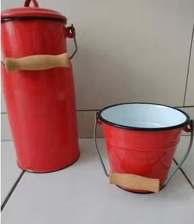 Vintage emaille melkbus en emmer met houten handvat., Ophalen of Verzenden