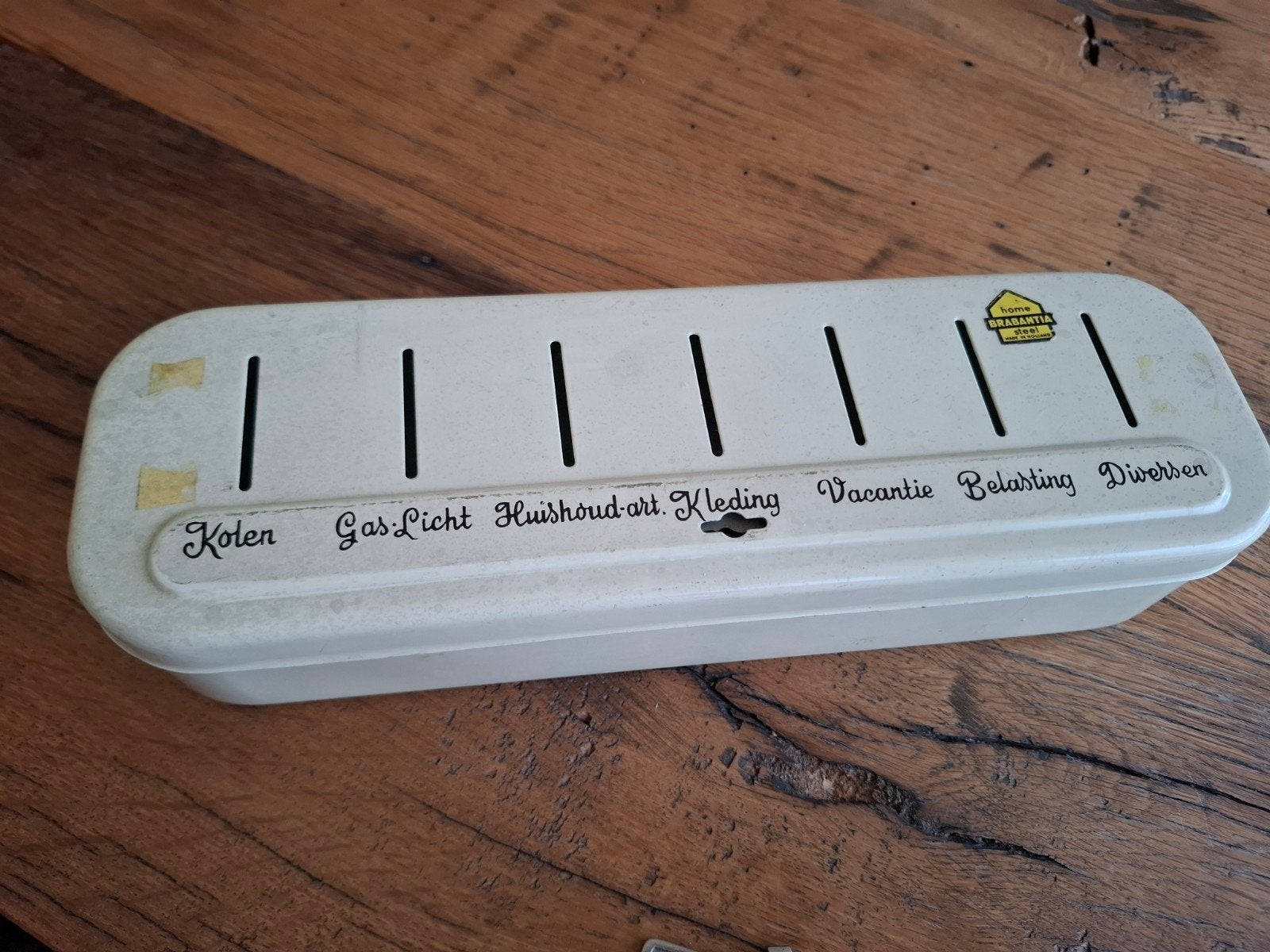 vintage huishoudspaarpot jaren 50/60 van Brabantia met sleut, Verzamelen, Ophalen, Gebruikt, Metaal of Blik, Overige thema's