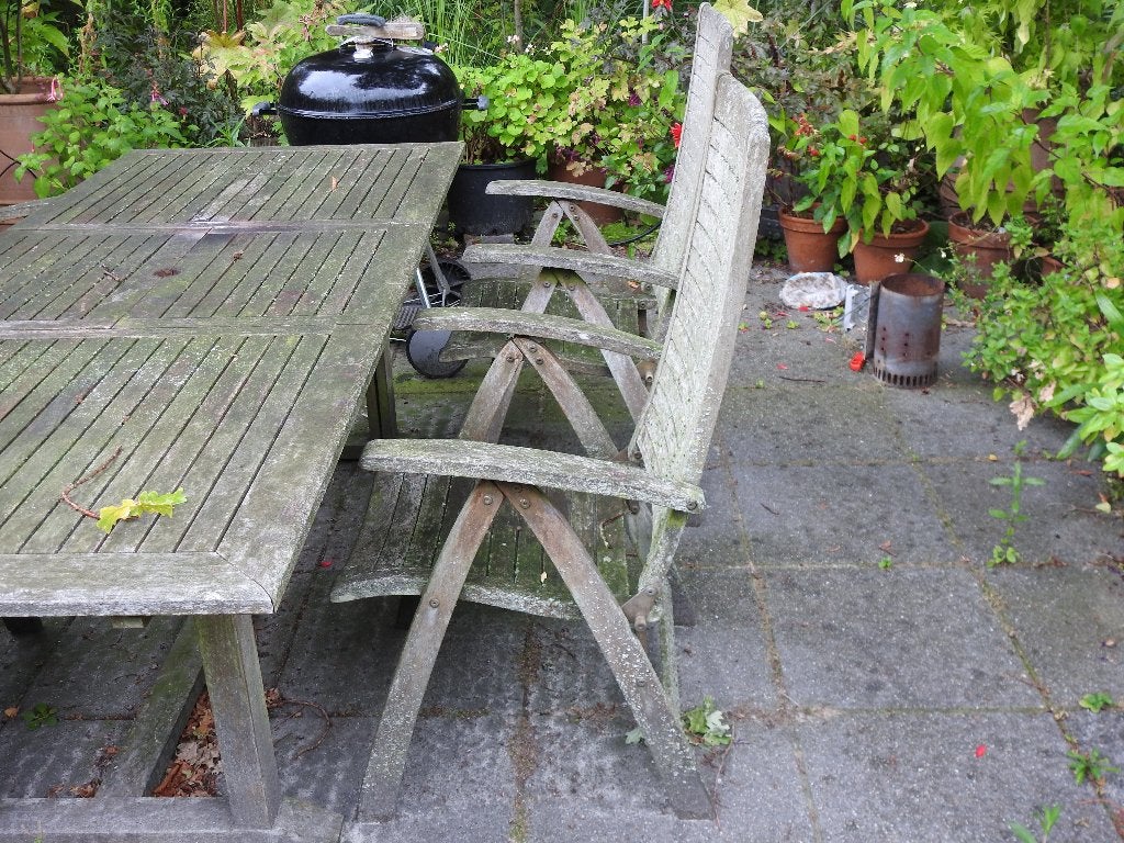 Hardhouten tuinset, tafel en vier stoelen, in goed staat., Tuin en Terras, Ophalen, Gebruikt, Rechthoekig, Hout