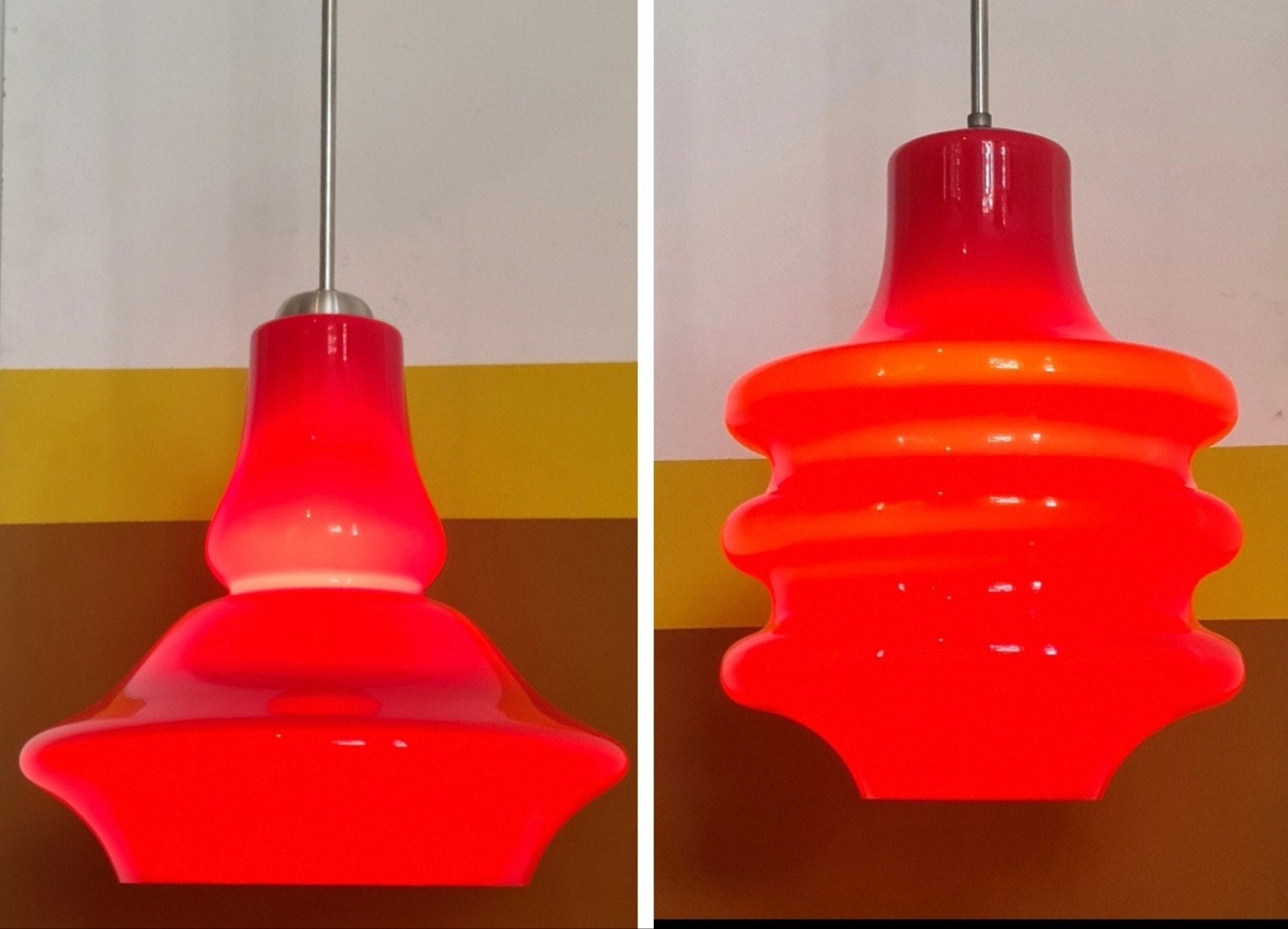 Twee vintage, design hanglampen. Rood glas., Ophalen
