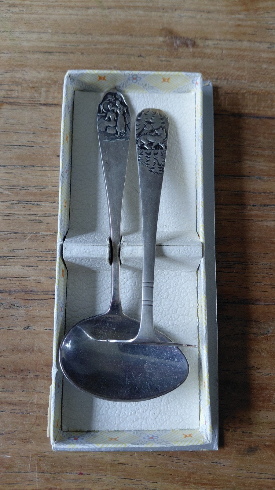 Vintage zilverkleurige lepels met bosdieren gravure, Ophalen of Verzenden