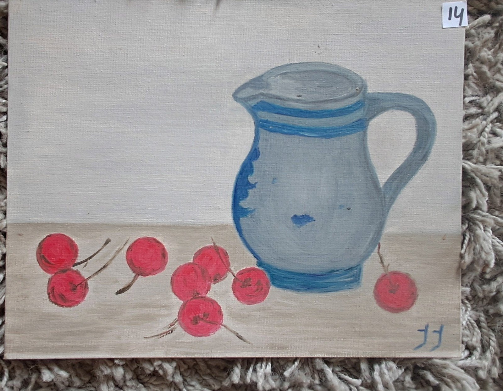 14. Stilleven met kersen en kan - Handgeschilderd, Antiek en Kunst, Doek, Realistisch, Stilleven, Ophalen of Verzenden
