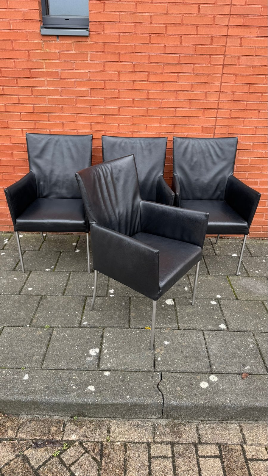 4 Bert Plantagie eetkamerstoelen, zwart leer, Gebruikt, Zwart, Leer, Ophalen of Verzenden