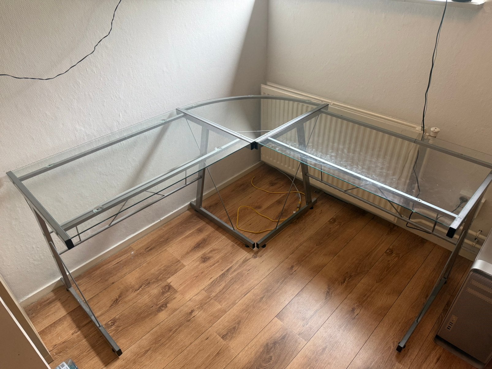 Vintage glazen hoekbureau, Ophalen, Demontabel, Gebruikt, 150 cm