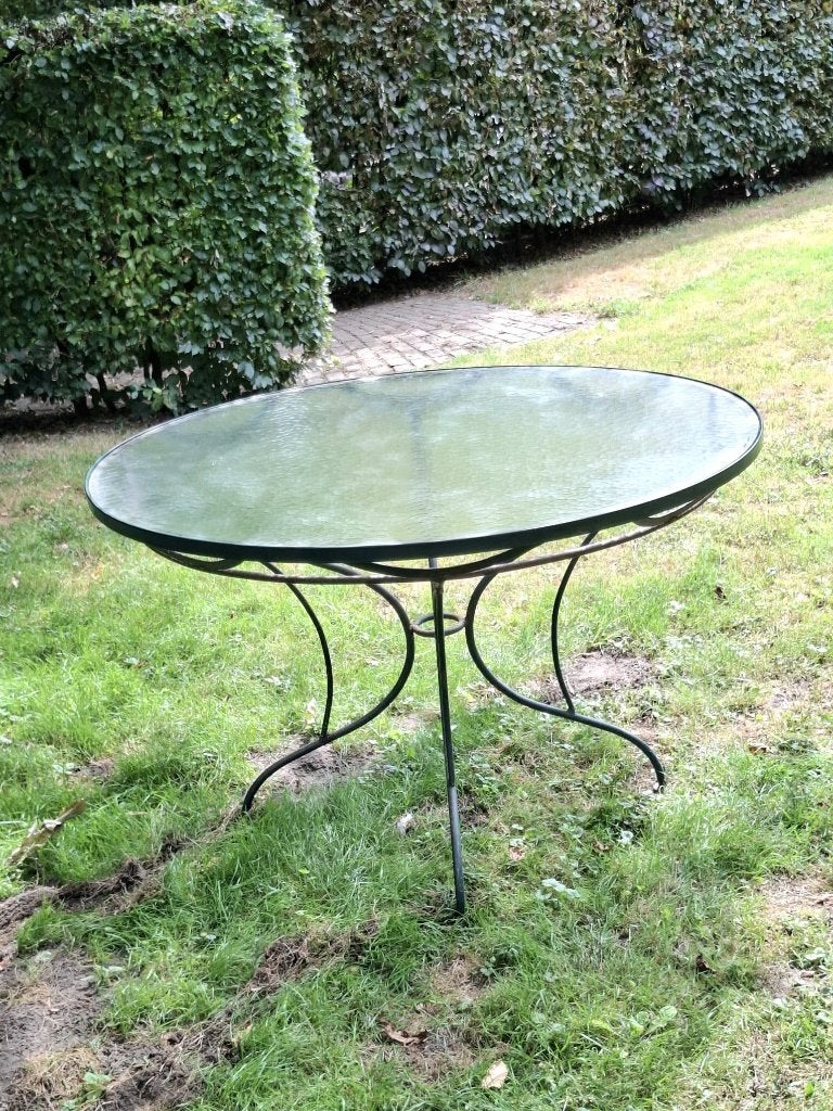 Tuintafel Rond Glas Ijzer onderstel 117 breed, Tuin en Terras, Tuintafels, Ophalen, Gebruikt, Rond, Metaal