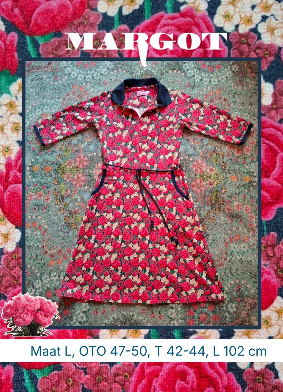 MWM Margot jurk polo bloemen roze, L, zgan, Margot, Verzenden, Maat 42/44 (L), Zo goed als nieuw