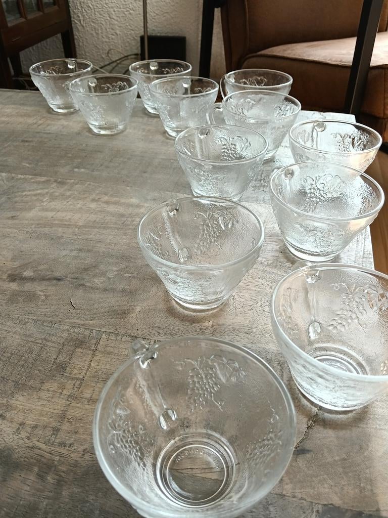 Set van 12 glazen bowl kopjes met oor, Ophalen of Verzenden, Zo goed als nieuw, Glas, Kop(pen) en/of Schotel(s)