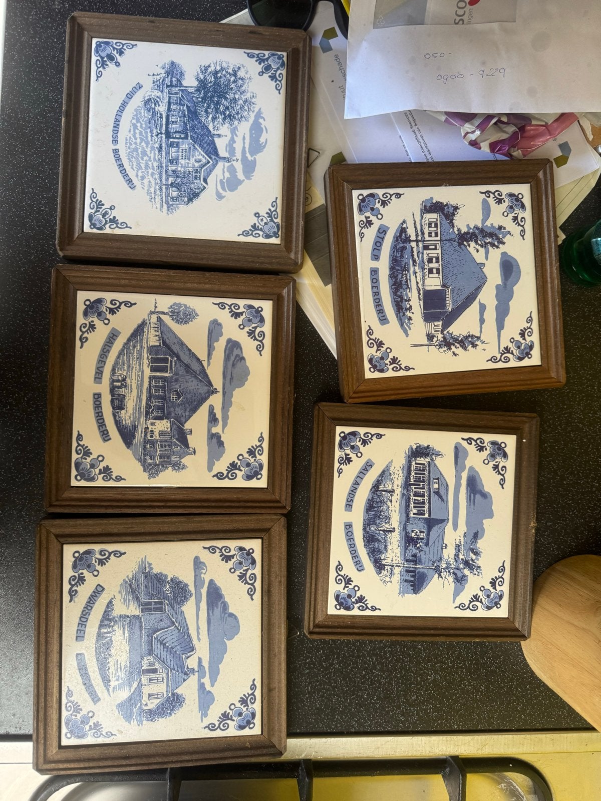 Set van 5 Delfts Blauwe Tegeltjes met Klassieke Boerderijen, Ophalen