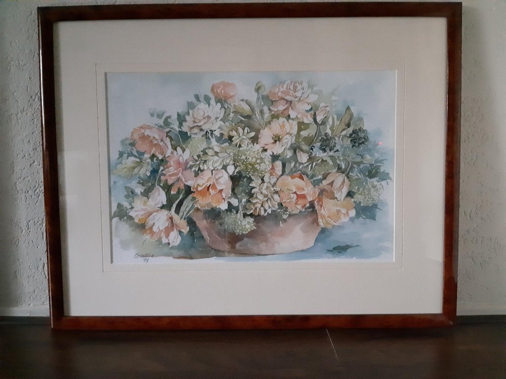 Aquarel van Coraline Bäcker met mooie lijst 87x68 cm, Bijzondere lijst, Papier, Ophalen, Bloemen