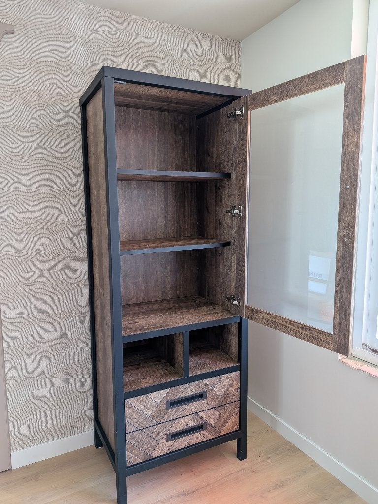 Industriële vitrinekast met lades + glas, 50x72x193, Huis en Inrichting, Kasten | Vitrinekasten, Ophalen, Gebruikt, Met deur(en)