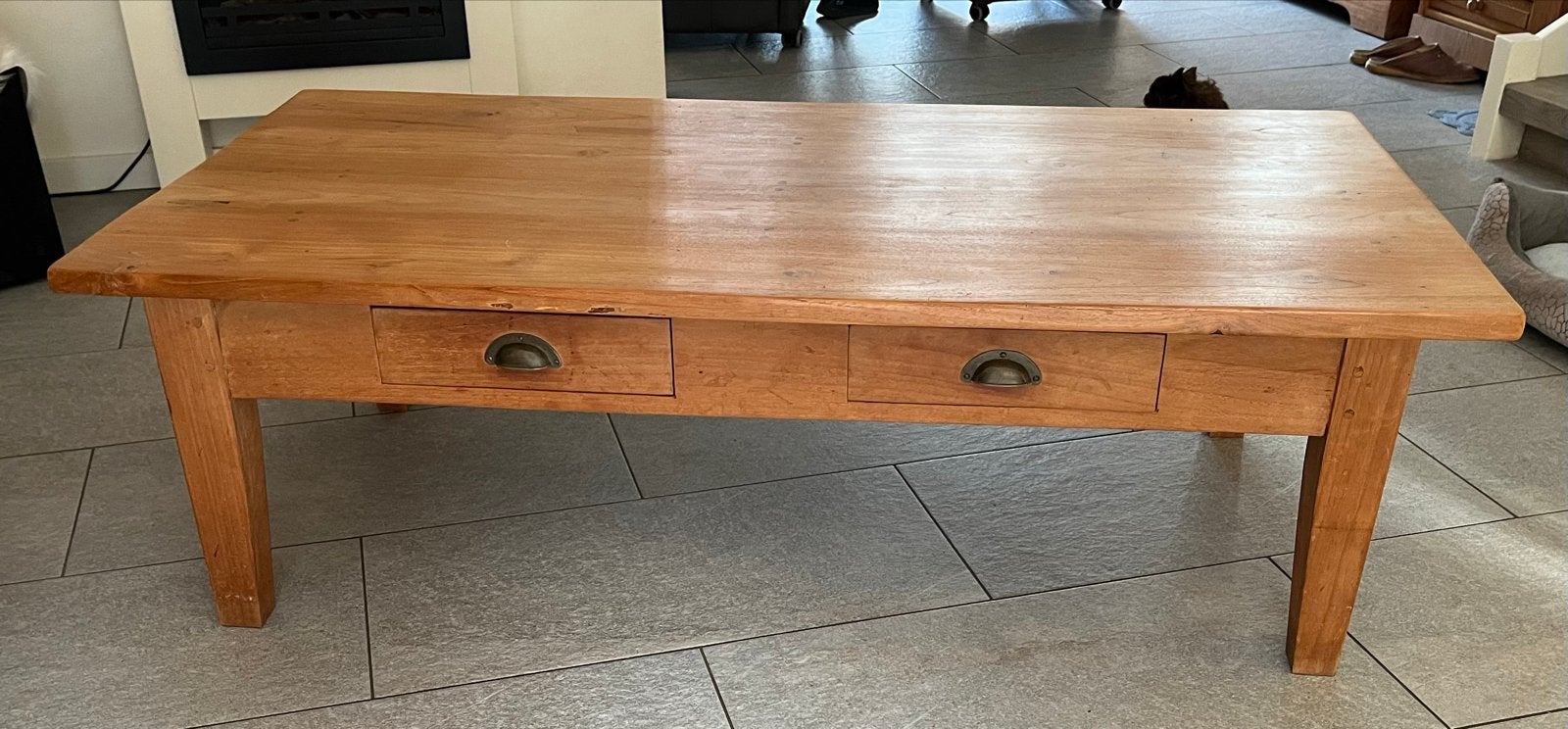 Massief teakhouten salontafel met lades, Ophalen, Gebruikt, 50 tot 75 cm, Teakhout