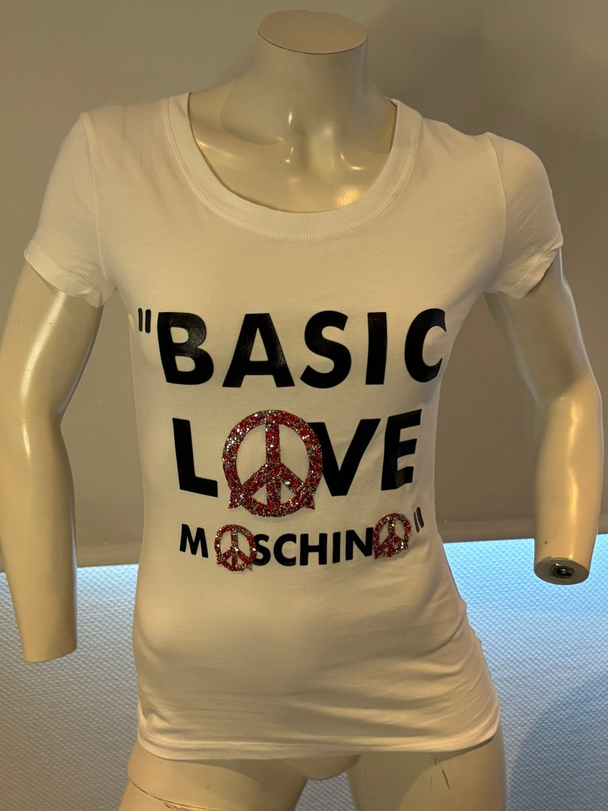 Love moschino shirt met glitter embleem maat it 42 s, ., Wit, Ophalen of Verzenden, Zo goed als nieuw