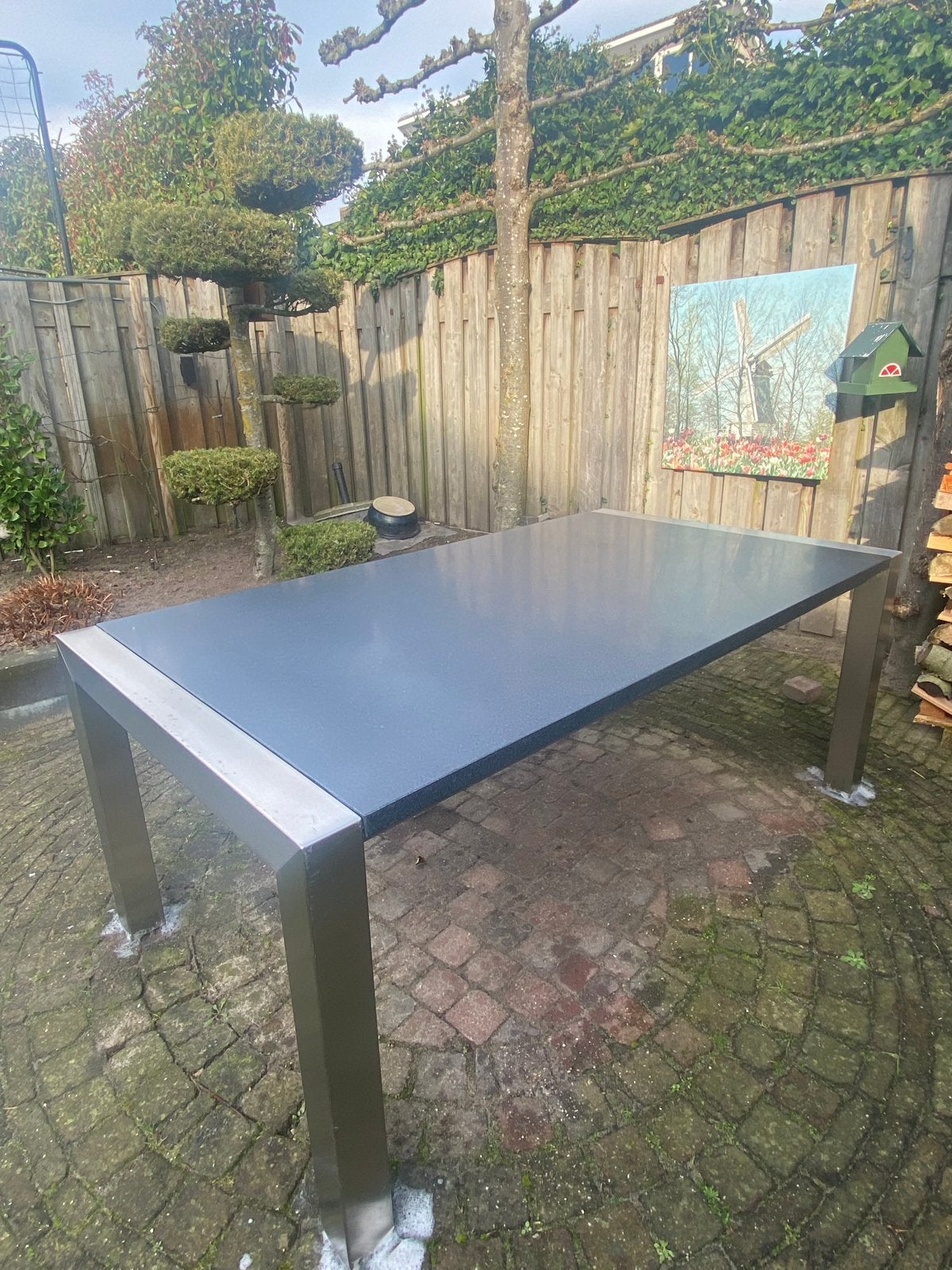 Granieten Tuintafel Steel Grey RVS onderstel 180x100 cm, Tuin en Terras, Tuintafels, Ophalen of Verzenden, Gebruikt, Rechthoekig
