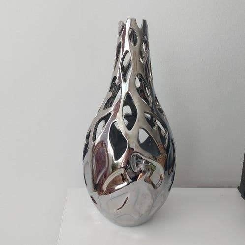 Grote verzilveren vaas , H35cm, D 5/14cm, Ophalen of Verzenden