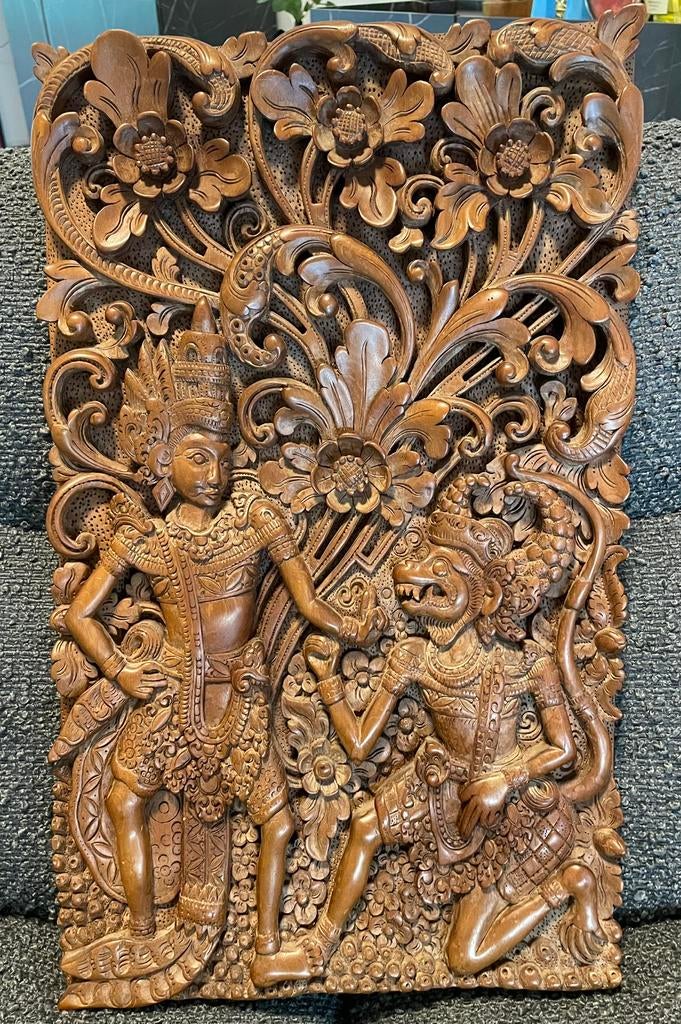 Bali Art Deco Houtsnijwerk beeld wandpaneel, Antiek en Kunst, Verzenden