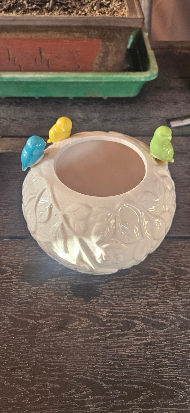 Decoratieve bloempot met vogeltjes, Ophalen, Overige materialen, Rond, Zo goed als nieuw