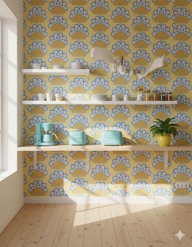 7124 vintage bloemenbehang met blauw en geel print 70s swiet, Verzenden, Geel