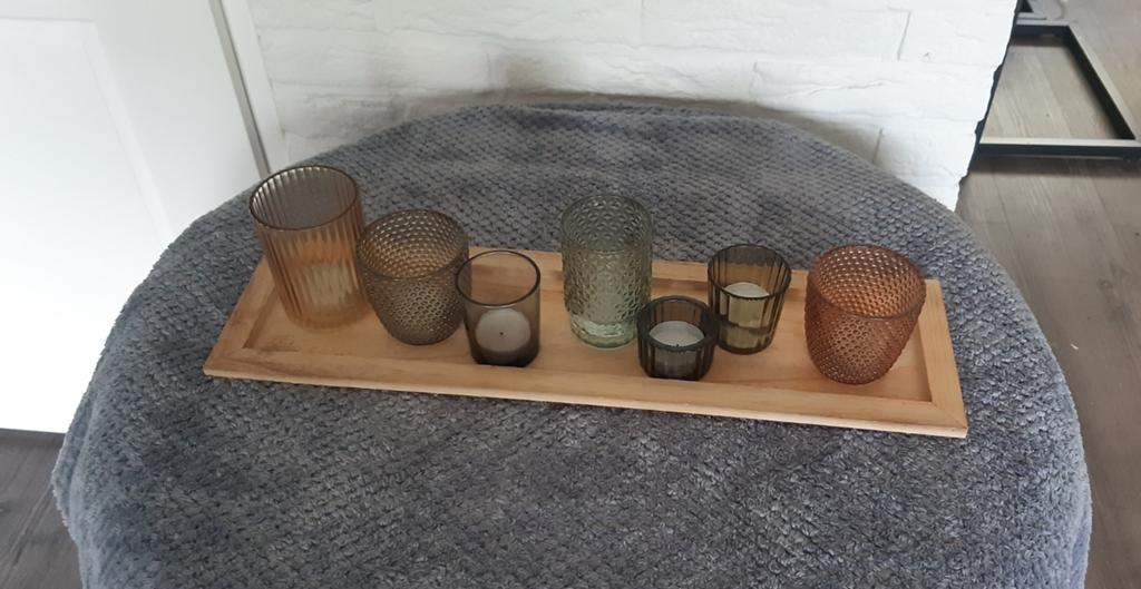 Houten plateau met 7 diverse kaars- waxinelichthouder, Ophalen of Verzenden, Nieuw