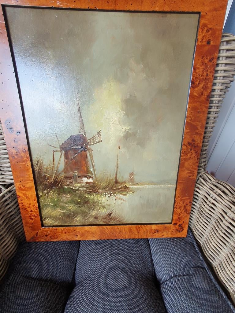 Olieverfschilderij Hollandse Molen Landschap, Ophalen of Verzenden