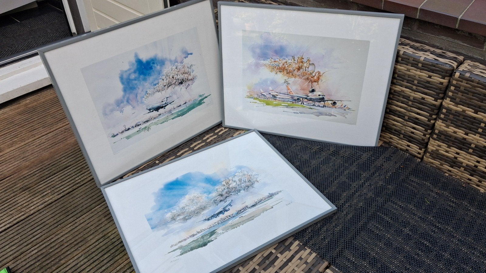 Set van 3 ingelijste aquarellen van Nenad Karpov. vliegtuig, Antiek en Kunst, Aquarel, Papier/karton, Ingelijst, Ophalen